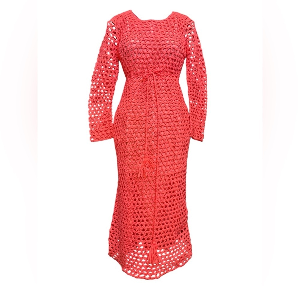 Vintage 100% wool crochet dress, hot pink, XS-small